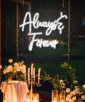 Always & Forever white LED neon sign with flowers and candles, wall decor option, 16.9x10.2 inches for events and decor.