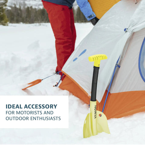 Grab And Go Collapsible Snow Shovel For Camping And Car Emergency Kit next to a tent in the snow
