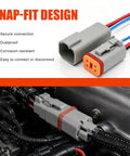 Top Shelf 4 Pin Connector Set Featuring Dt04-4P And Dt06-4S With A Lock Tight Wedge Design For Heavy Duty Electrical Wiring And Bulletproof Harness Upgrades, showing gray connectors and colored wires.