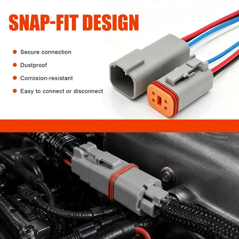 Top Shelf 4 Pin Connector Set Featuring Dt04-4P And Dt06-4S With A Lock Tight Wedge Design For Heavy Duty Electrical Wiring And Bulletproof Harness Upgrades, showing gray connectors and colored wires.
