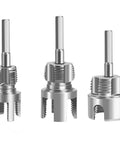 Three PVC pipe threading dies from Complete 3Pc Pvc Pipe Threading Tool Kit For 1/2, 3/4, And 1 Inch Pipes, designed for plumbing tasks.