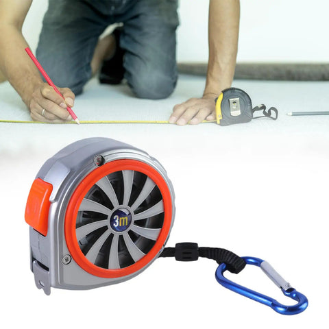 Rugged Steel Tape Measure With Handy Pocket Clip for Home Projects and Pro Craftwork shown with carabiner clip
