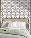 Elevate Your Home Digs With This Thick Textured Vinyl Wallpaper Roll Light Color Peel And Stick Removable Wall Covering Super Easy Peasy Snag And Slap On Upgrade For Bedroom Living Room, featuring geometric pattern behind a bed.