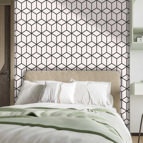Elevate Your Home Digs With This Thick Textured Vinyl Wallpaper Roll Light Color Peel And Stick Removable Wall Covering Super Easy Peasy Snag And Slap On Upgrade For Bedroom Living Room, featuring geometric pattern behind a bed.