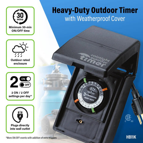 Heavy Duty Outdoor Plug-In Timer Built Tough For Pool Pumps And Yard Lights, with weatherproof cover and dial settings.