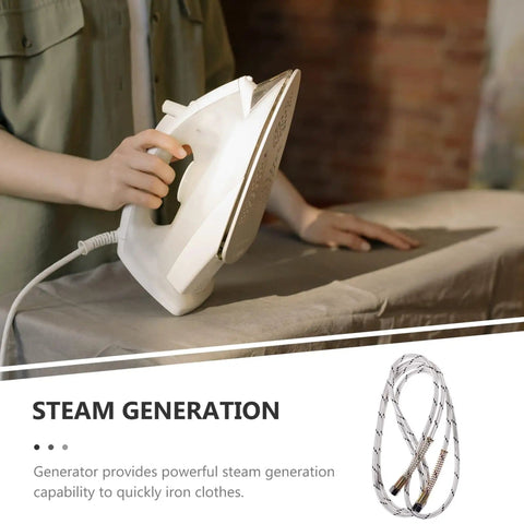 Medium Pressure Steam Hose For Steam Irons Easy Install High Temperature Resistant shown with iron on ironing board.