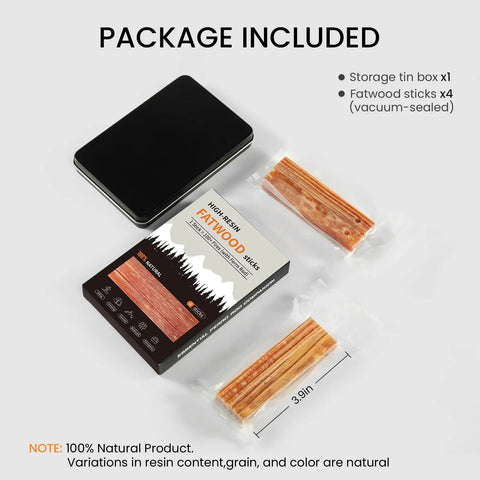 Fatwood Fire Starter Sticks Pack Resin Rich Tinder Waterproof And Windproof For Camping Hiking Bushcraft And Survival Gear Includes Four Three Point Nine Inch Sticks With Pre Drilled Hole For Ferro Rod in packaging with tin box and vacuum-sealed bags