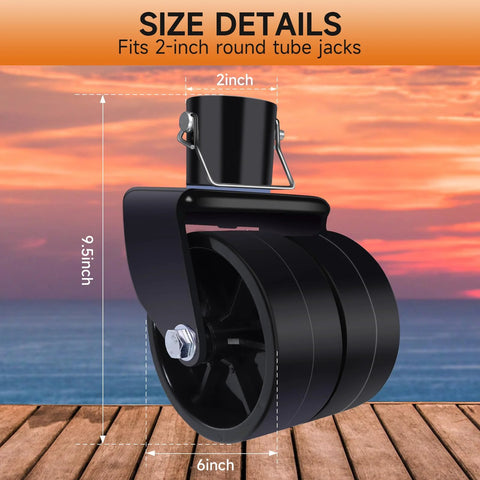 XIANGZI dual 6-inch trailer jack wheel replacement with pin, fits 2-inch round tube jacks, black metal.