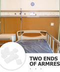 Hospital bed with bedside rail, inset shows white plastic Bedside Rail End Caps 10 Pack For Bed Safety Rails 1.2x1.2 Inch Handrail Protectors.