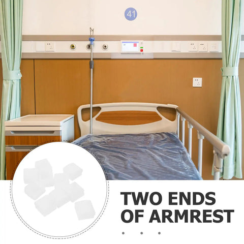Hospital bed with bedside rail, inset shows white plastic Bedside Rail End Caps 10 Pack For Bed Safety Rails 1.2x1.2 Inch Handrail Protectors.
