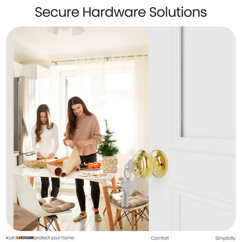 Matte Black Door Knob With Lock And Key installed on white door, family wrapping gifts in bright kitchen.