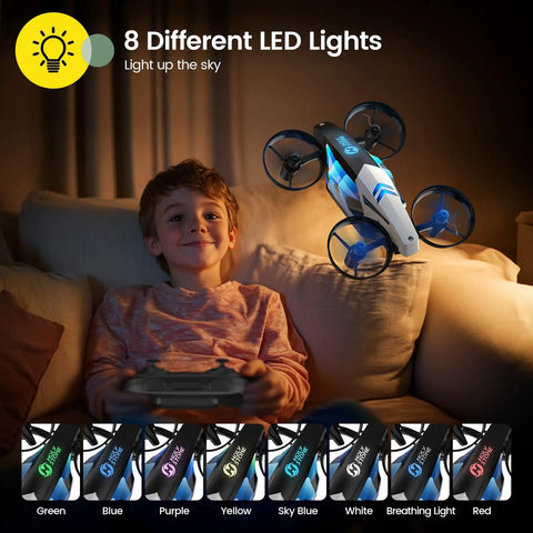 Child playing with 2 In 1 Mini Indoor Drone For Kids With Land And Fly Modes 3D Flips Auto Hover RC Quadrocopter with LED lights