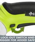 Close-up of Creddux Cordless Electric Scissors showcasing lock-out switch and trigger for safety during cutting.