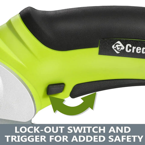 Close-up of Creddux Cordless Electric Scissors showcasing lock-out switch and trigger for safety during cutting.