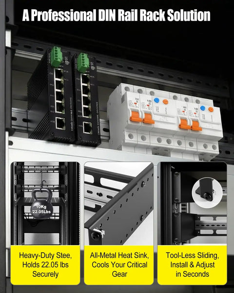Heavy Duty 19 Inch Rack Mount DIN Rail Kit With 2U Adjustable Depth Bracket for Industrial Switches and Power Supplies