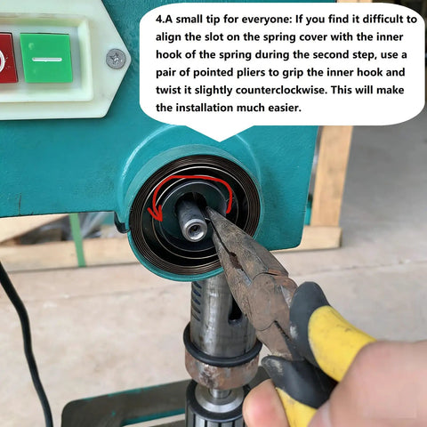 Using pliers to install Heavy Duty Beefy Drill Press Return Springs on a drill press quill feed coil set.