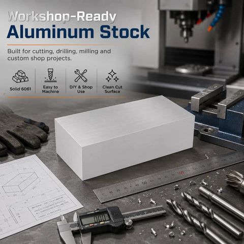 Beefy 6061 Aluminum Block 2 Inch Thick by 4 Inch Wide by 8 Inch Long Pro Grade Flat Bar Stock for CNC Milling Lathe Work Machining Drilling DIY Projects and Industrial Use on workshop table