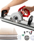 Heavy Duty Electric Tile Angle Cutting Machine With 43 Degree Chamfering Guide For Ceramic Tiles Smooth Bevel Cuts No Sweat For Weekend Warriors And Pros held above ceramic tiles.