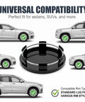 4 Pack Snap On Car Wheel Hub Center Caps Featuring Tight Stainless Steel Clips And A Sleek Black ABS Build For Quick Straight Swap Install that fit sedans and SUVs.