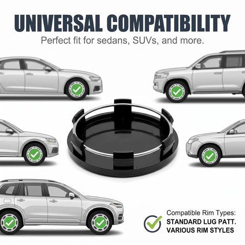 4 Pack Snap On Car Wheel Hub Center Caps Featuring Tight Stainless Steel Clips And A Sleek Black ABS Build For Quick Straight Swap Install that fit sedans and SUVs.