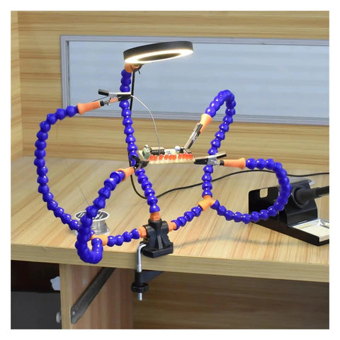 Five Arm Soldering Station With Magnifier LED Light Bench Vise Table Clamp And Third Helping Hand For PCB Work on desk.