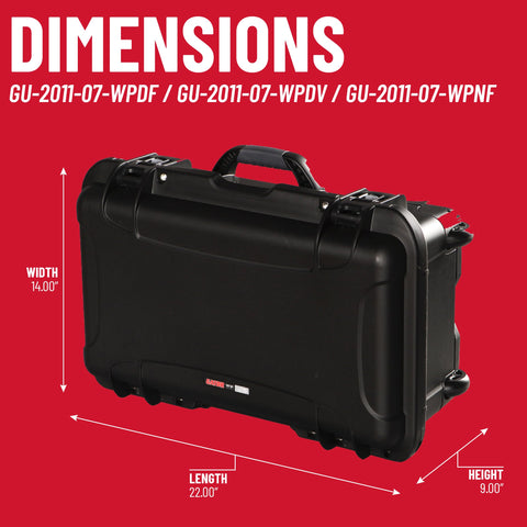 Titan Series Waterproof Utility Case With Diced Foam Insert, IP67 Dustproof Gear Box, dimensions labeled, ATA-300 Certified