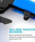 Knoweasy micro Molex crimper with blue handles and ratcheting mechanism, close-up view.