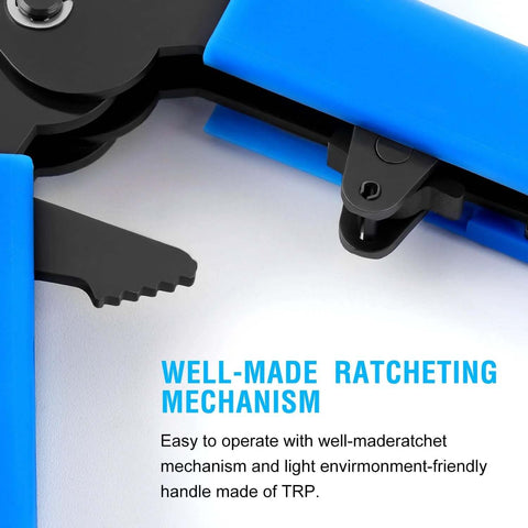 Knoweasy micro Molex crimper with blue handles and ratcheting mechanism, close-up view.