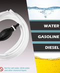 Yetofro gas siphon hose pump, side view, manual hand fuel transfer with 2 clear PVC hoses