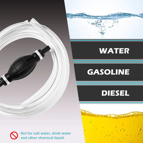 Yetofro gas siphon hose pump, side view, manual hand fuel transfer with 2 clear PVC hoses
