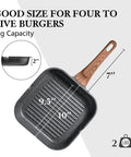 Nonstick Grill Pan For Stove Tops With Pour Spouts, Square 9.5 Inch Griddle showing dimensions and handle design.