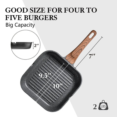 Nonstick Grill Pan For Stove Tops With Pour Spouts, Square 9.5 Inch Griddle showing dimensions and handle design.
