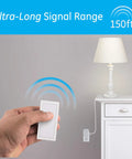 Person using Wireless Remote Light Switch With Plug In Receiver, One Outlet, On Off Control For Lamps And Indoor Lighting, 150 Feet Range