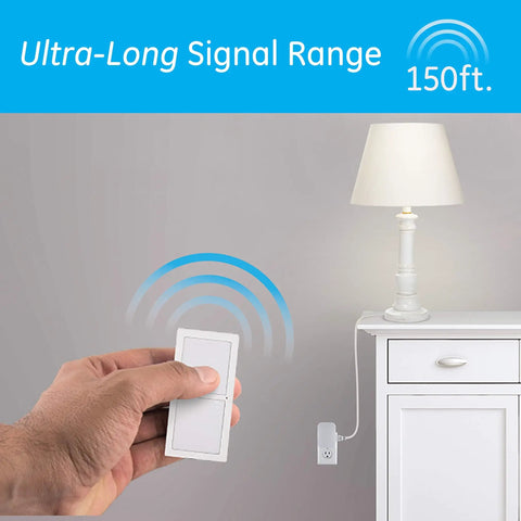 Person using Wireless Remote Light Switch With Plug In Receiver, One Outlet, On Off Control For Lamps And Indoor Lighting, 150 Feet Range