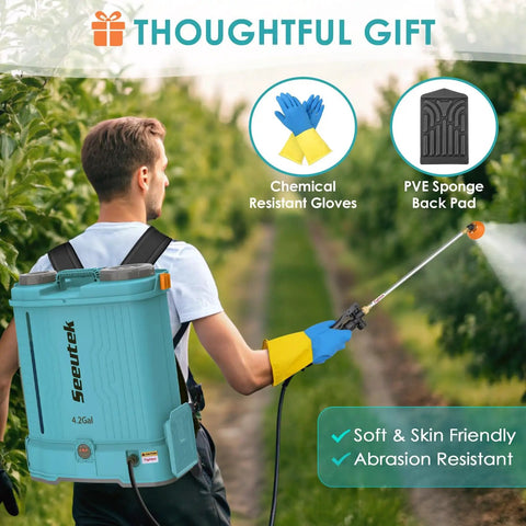 Battery Powered Backpack Sprayer Four Point Two Gallon For The Yard with person spraying foliage using telescopic wand
