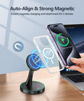 Magnetic Wireless Charger Stand With 15W Fast MagSafe Charging For iPhone on desk next to laptop with phone charging.
