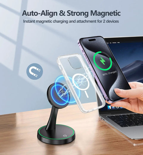 Magnetic Wireless Charger Stand With 15W Fast MagSafe Charging For iPhone on desk next to laptop with phone charging.