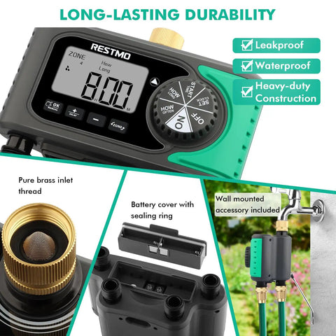 4 Zone Sprinkler Timer With Brass Inlet And Digital Control showcasing its waterproof, leakproof features and brass inlet.