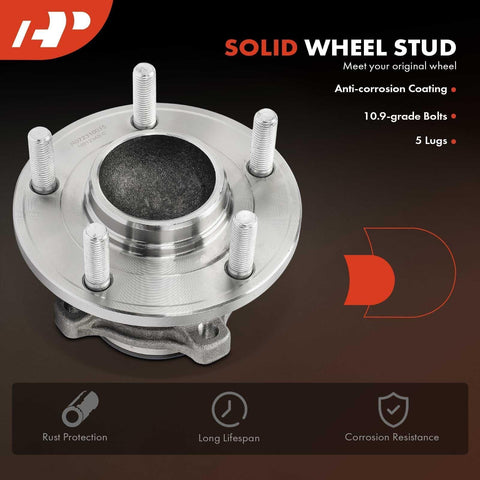 Rear Wheel Bearing And Hub Assembly Set For Mazda 3 2004 2008 Non ABS 5 Lug Models Dual Pack High Load Capacity For A Smooth Ride Easy Install Wheel Hub Replacement Kit, showing a 5-lug wheel hub with anti-corrosion coating and bolts.
