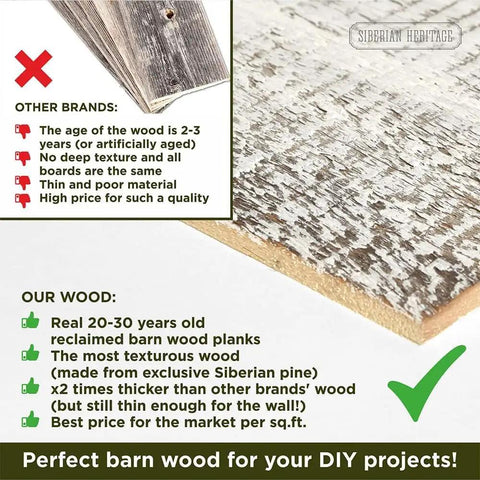 Comparison of reclaimed shiplap wall boards made from 20-30 year old Siberian pine, highlighting texture and thickness advantages.