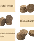 Image of Natural Oak Cork Stoppers Set showcasing two size options, highlighting natural wood, high airtightness, and eco-friendly features.