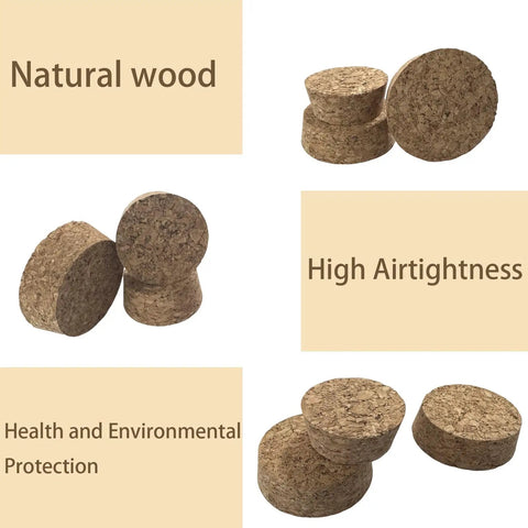 Image of Natural Oak Cork Stoppers Set showcasing two size options, highlighting natural wood, high airtightness, and eco-friendly features.