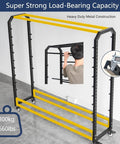 Heavy Duty Fabric Roll Storage Rack With Adjustable Textile Display Shelves And Slick Rolling Platform featuring black metal frame and yellow support rods.