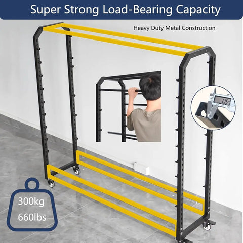 Heavy Duty Fabric Roll Storage Rack With Adjustable Textile Display Shelves And Slick Rolling Platform featuring black metal frame and yellow support rods.
