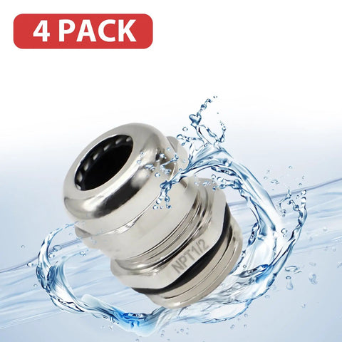 Beefy Copper Cable Glands Set Of 4, Half Inch NPT Adjustable Sealing Grommets For 6-12mm Wires, IP68 Waterproof Strain Relief Cord Connector