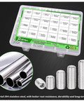 525 Piece Set Screw Kit Metric And SAE With Stainless Steel 304 Cup Point Grub Screws And Internal Hex Drive Includes M3 To M8 And One Eighth To Five Sixteenth Inch Sizes 24 Sizes Total Durable Garage Ready Assortment For Machinery Repairs And DIY with product box and screws on display.