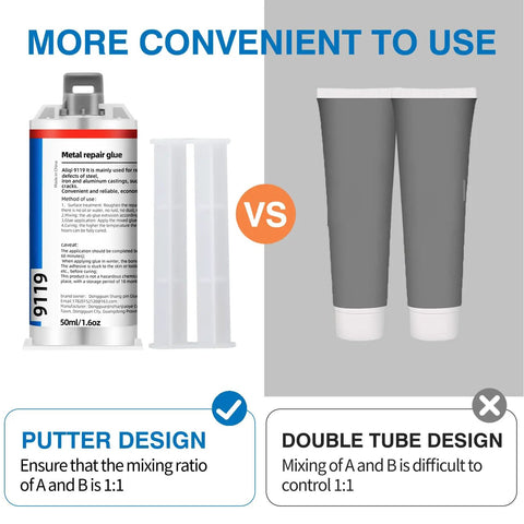 Comparison of Beefed Up Heavy Duty Metal Repair Epoxy Glue 1.6 Oz with double tube design, showing product's putter design for precise mixing.