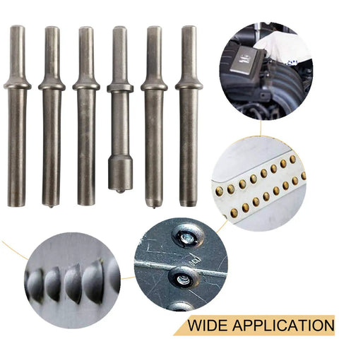 Heavy Duty Pneumatic Air Rivet Hammer Kit With 7 Pieces Smoothing Chisels, rivets on automotive and metal surfaces shown