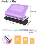 Purple 10 Hole Binding Punch For Planners, Metal Manual Puncher For Home Office, size dimensions shown, ideal for A4 A5 B5 paper.