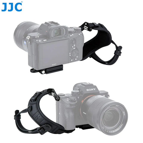 Pro Mirrorless Camera Hand Grip Strap With Arca Type Plate on Sony Camera, showing adjustable wrist guard and no slip design.